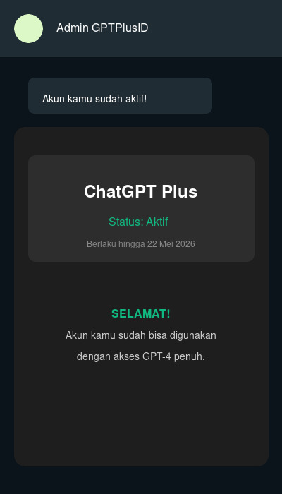 Akun ChatGPT Plus Berhasil Diaktifkan